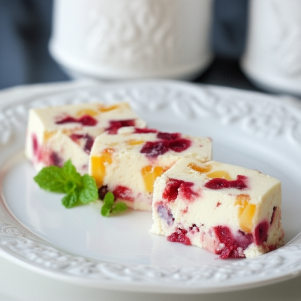 Three chilled snowberry creme squares on a white plate, garnished with mint.