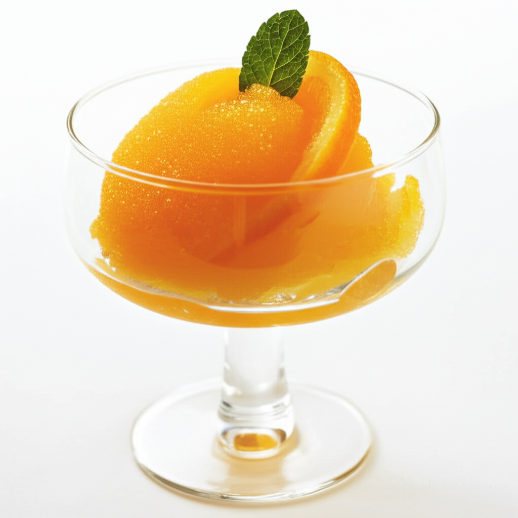 Orange fruit ice in glass, garnished with orange slice and mint leaf.