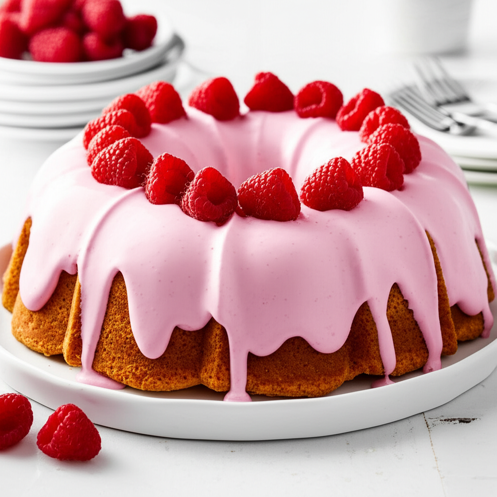 Bundt cake with pink glaze, topped with fresh raspberries, on a white plate.