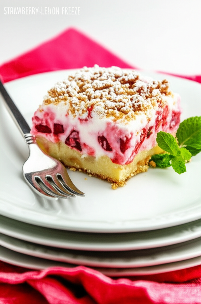 Square of strawberry dessert with crumb topping and mint garnish on a white plate.
