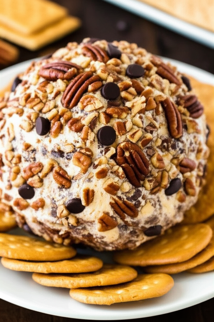 Cheeseball covered in pecans and chocolate chips, served with crackers on a white plate.