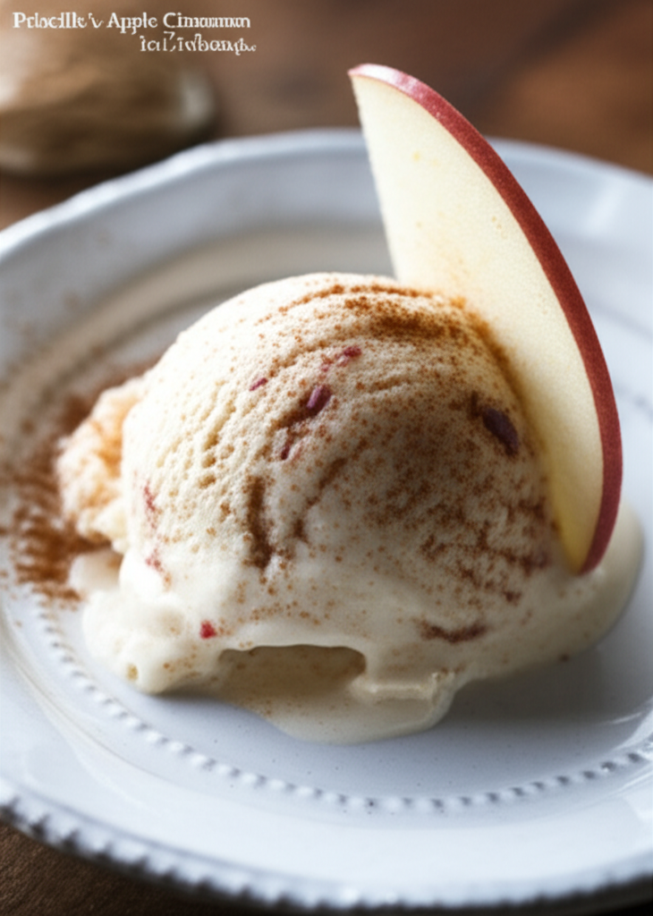 Apple cinnamon ice cream scoop on white plate, topped with cinnamon and apple slice.