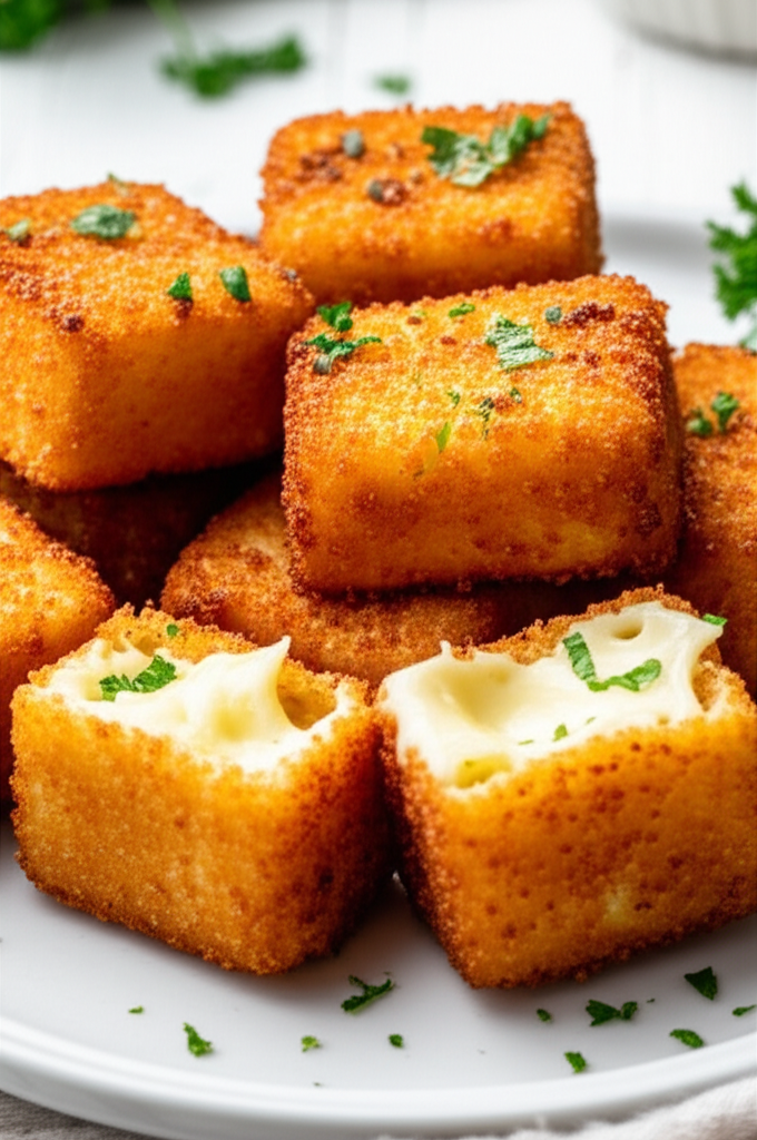 Fried cheese cubes, golden brown and crispy, topped with parsley, one cube with melted cheese filling.