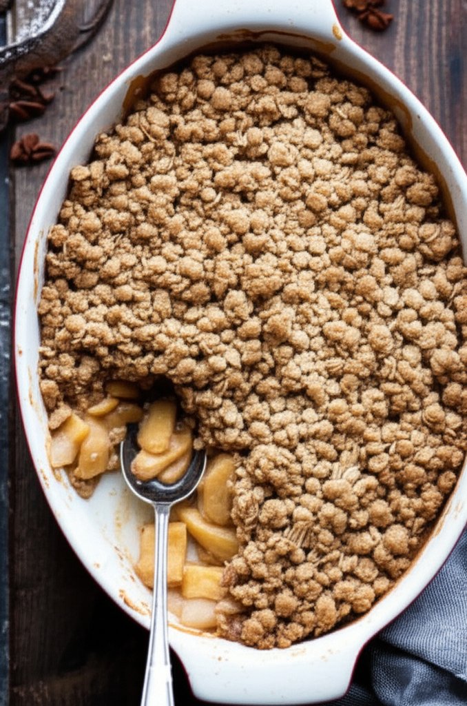 Baked apple crisp in white dish. Spoon scoops soft apples under a golden brown crumble topping.