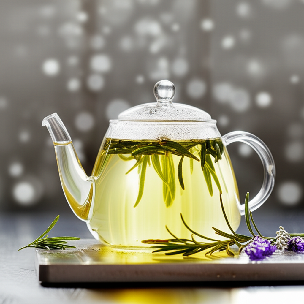Clear glass teapot filled with pale yellow tea and fresh rosemary sprigs.