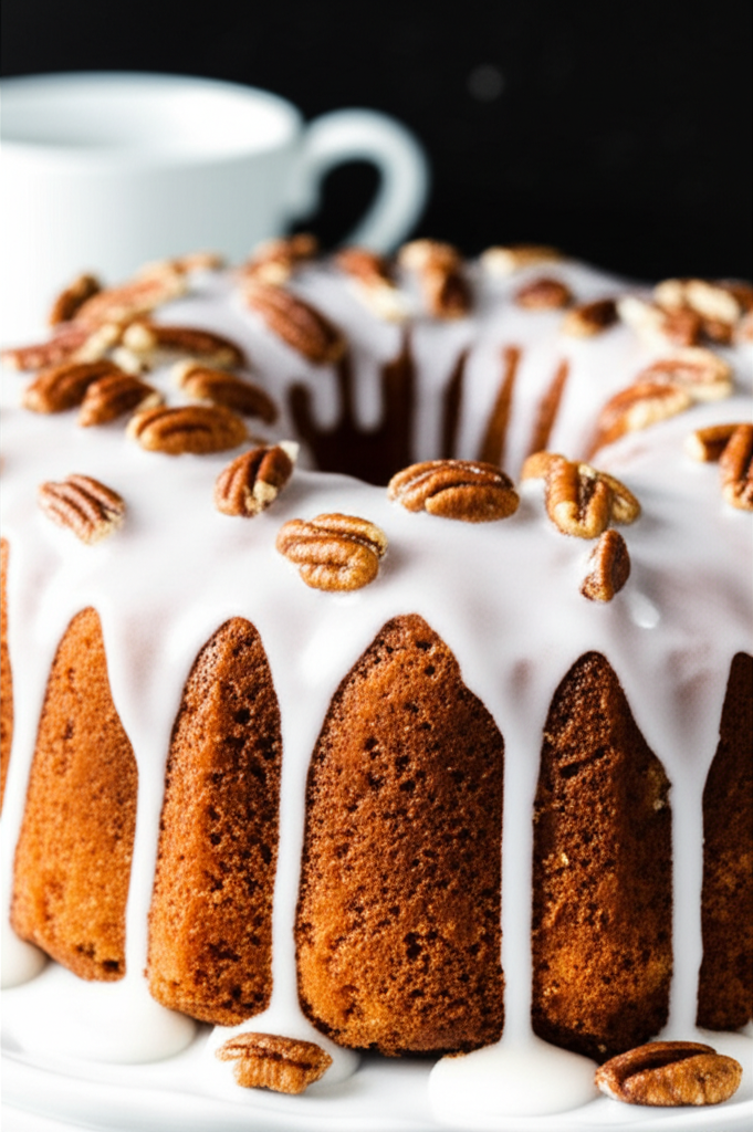 Golden bundt cake with white glaze and pecan topping, served on a white plate.
