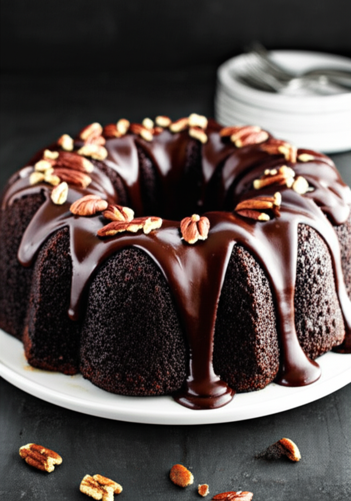 Chocolate bundt cake with glossy ganache and pecan pieces on a white plate.