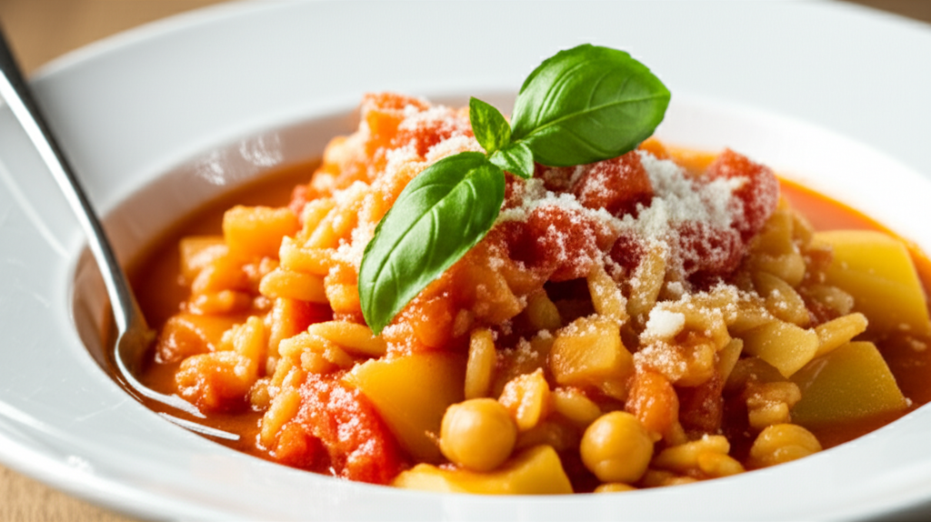 Pasta Cici in tomato sauce with chickpeas, potatoes, and grated cheese, garnished with basil.