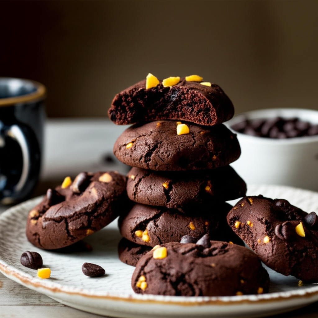 Stack of baked cocoa cookies with yellow candy pieces on a plate. One cookie is broken, showing the soft interior.