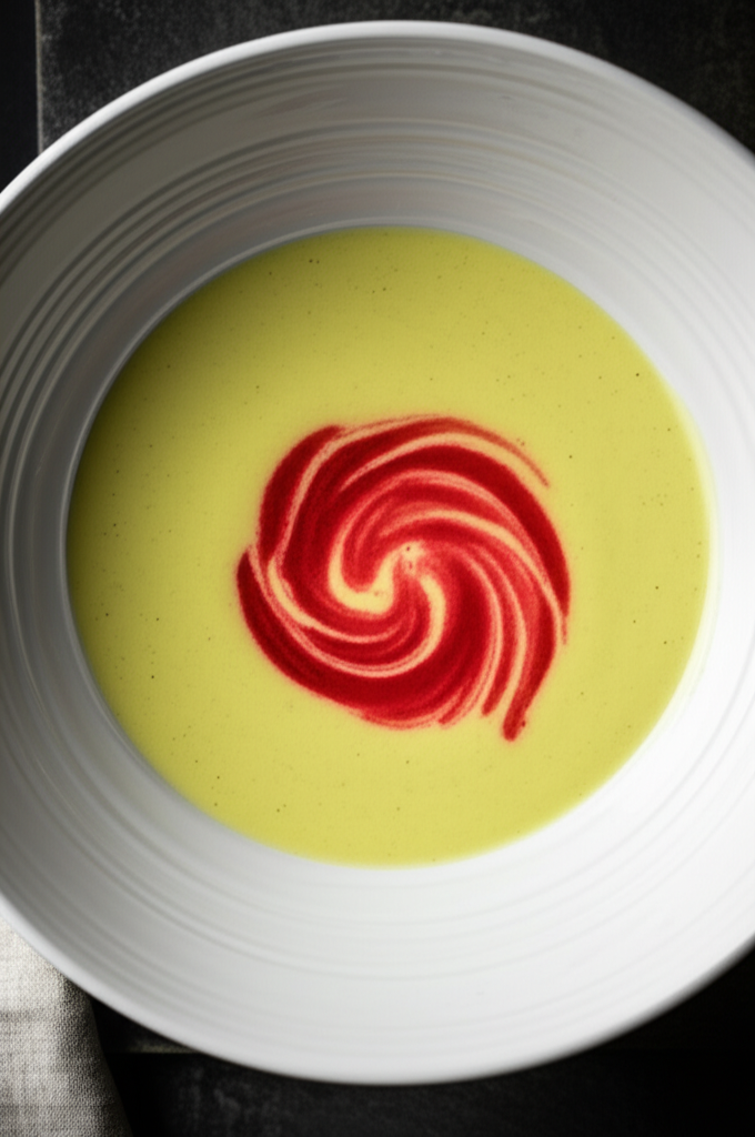 Chilled melon soup in white bowl, swirled with red fruit puree.