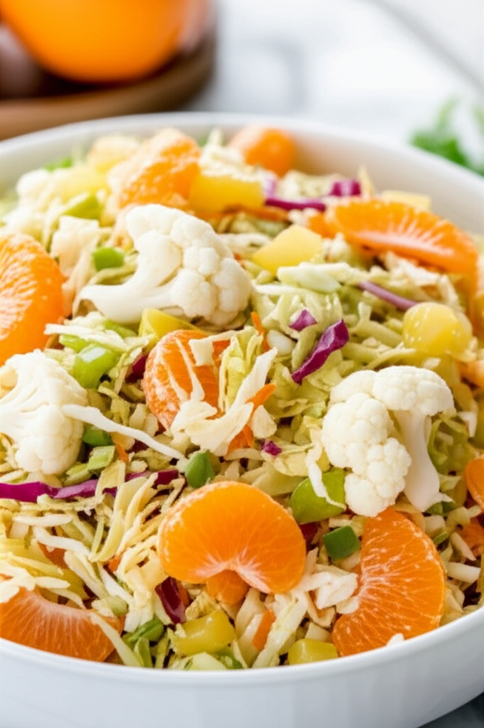 Citrus Cabbage Slaw in a white bowl. Shredded cabbage, mandarin oranges, cauliflower florets, and pineapple chunks are visible.