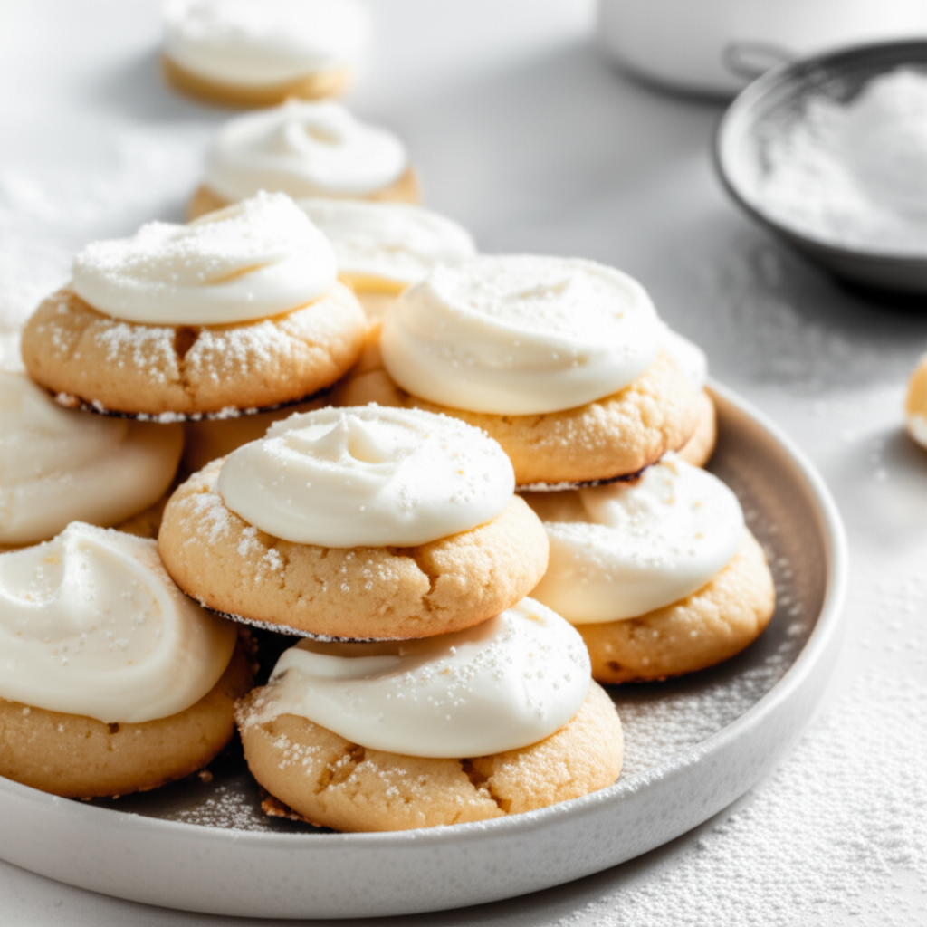 Pile of baked Melting Moments cookies topped with creamy white frosting, dusted with powdered sugar.
