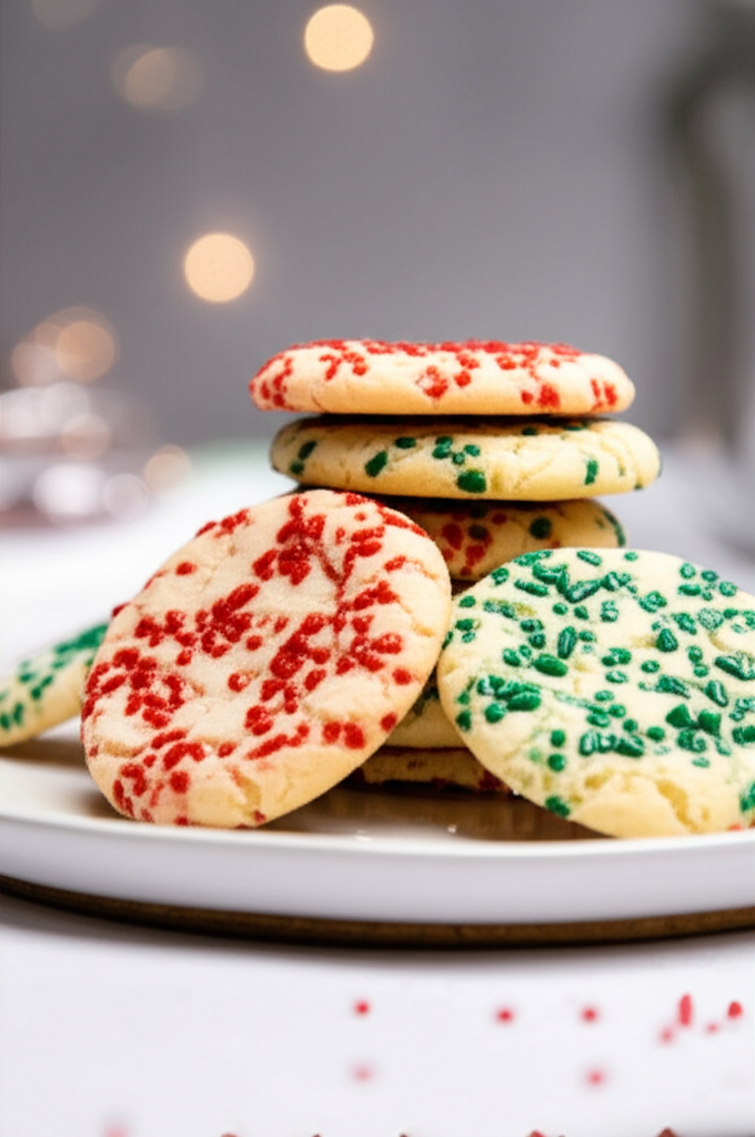 Stack of sugar cookies with red and green sprinkles on a white plate.
