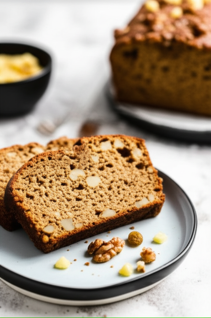 Slices of moist zucchini nut bread on a plate, garnished with nuts and diced zucchini. Loaf in background.