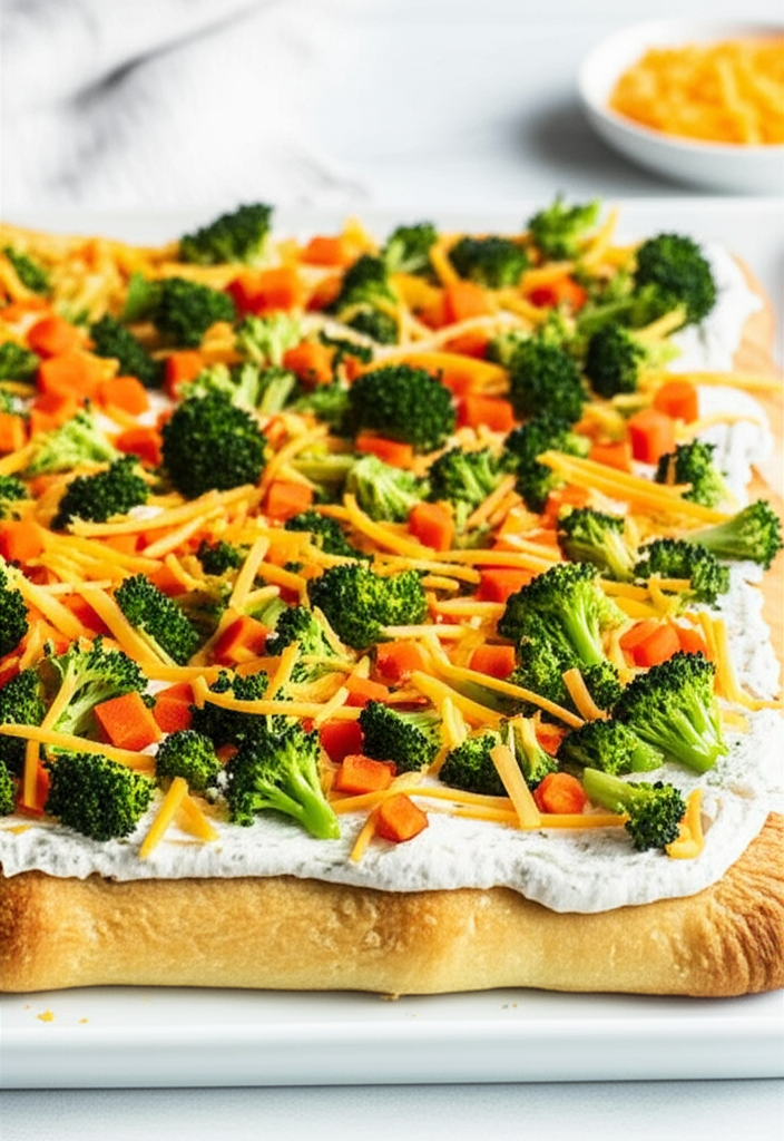Veggie pizza: Baked crust topped with creamy spread, broccoli florets, shredded cheddar, and diced carrots.