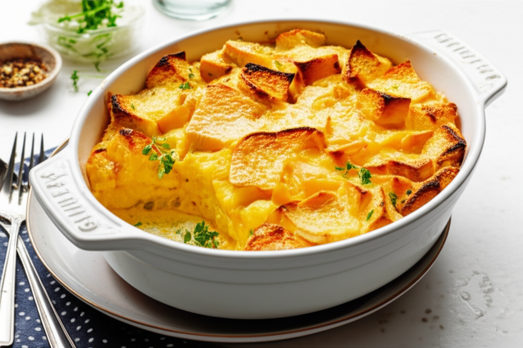 Baked cheesy bread pudding in a white dish, topped with golden-brown toasted bread cubes and garnished with fresh herbs.