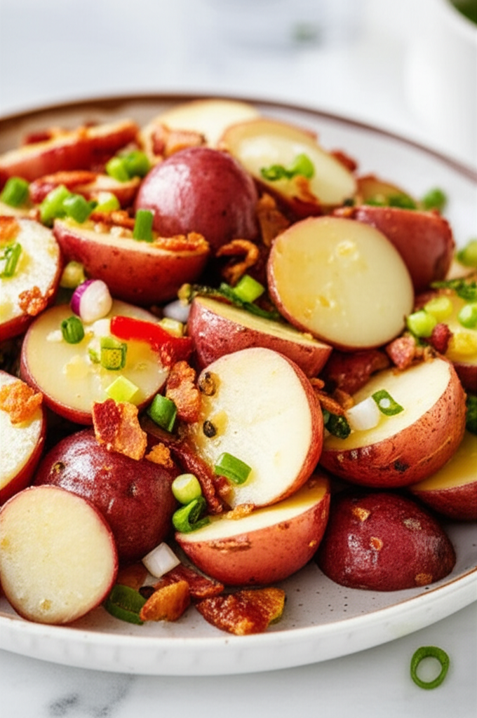 German potato salad: sliced red potatoes with bacon and green onion on a plate.