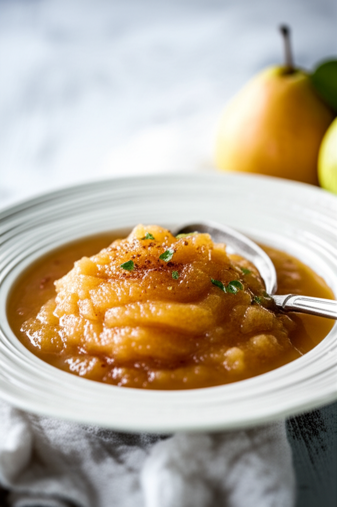 Pear applesauce in a white bowl, topped with cinnamon and parsley, with a spoon and pears in the background.