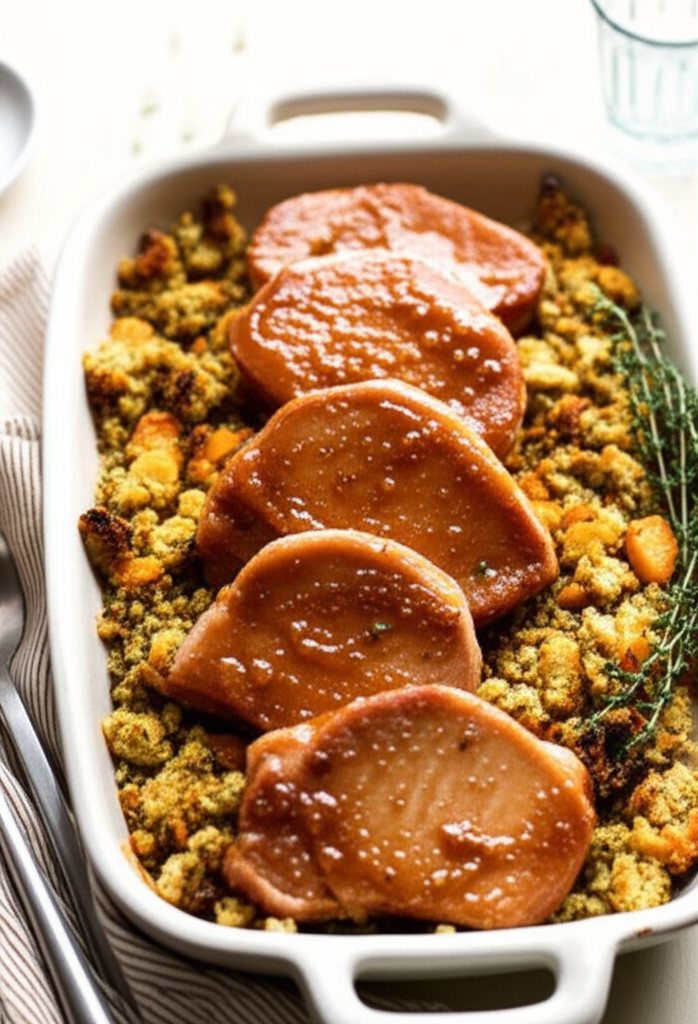 Peach-glazed pork chops baked on a bed of stuffing in a white casserole dish, garnished with thyme.