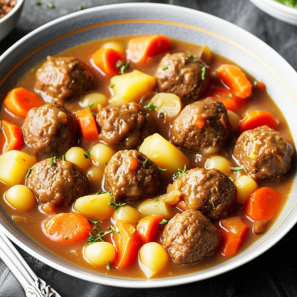 Meatball stew in a bowl: browned meatballs, carrots, potatoes, and onions in a rich broth.