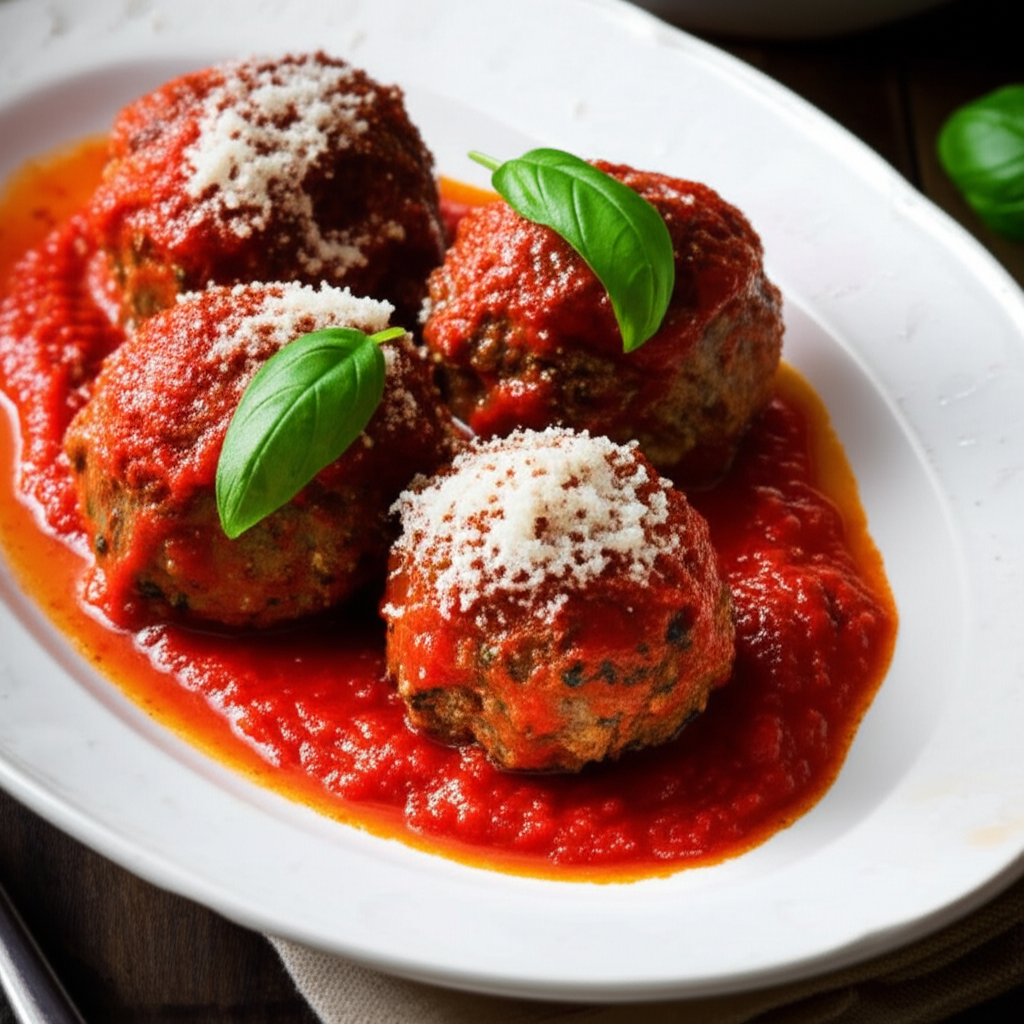 Meatballs in red sauce on a white plate, sprinkled with cheese and garnished with basil.