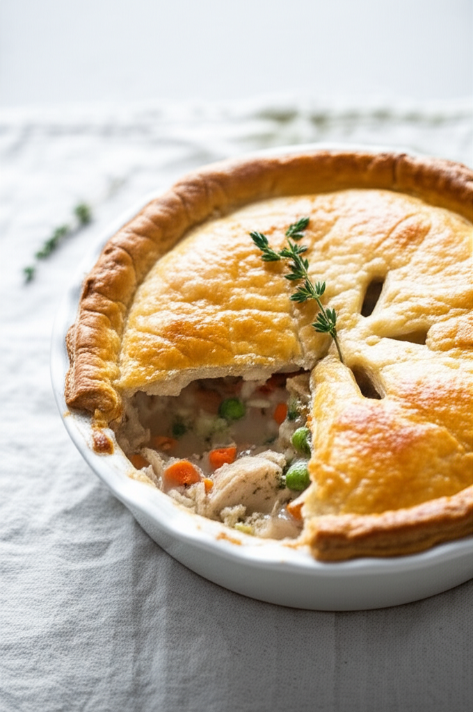 Golden-brown chicken pot pie with flaky crust, cut open to show creamy filling with chicken, peas, and carrots. Thyme garnish.