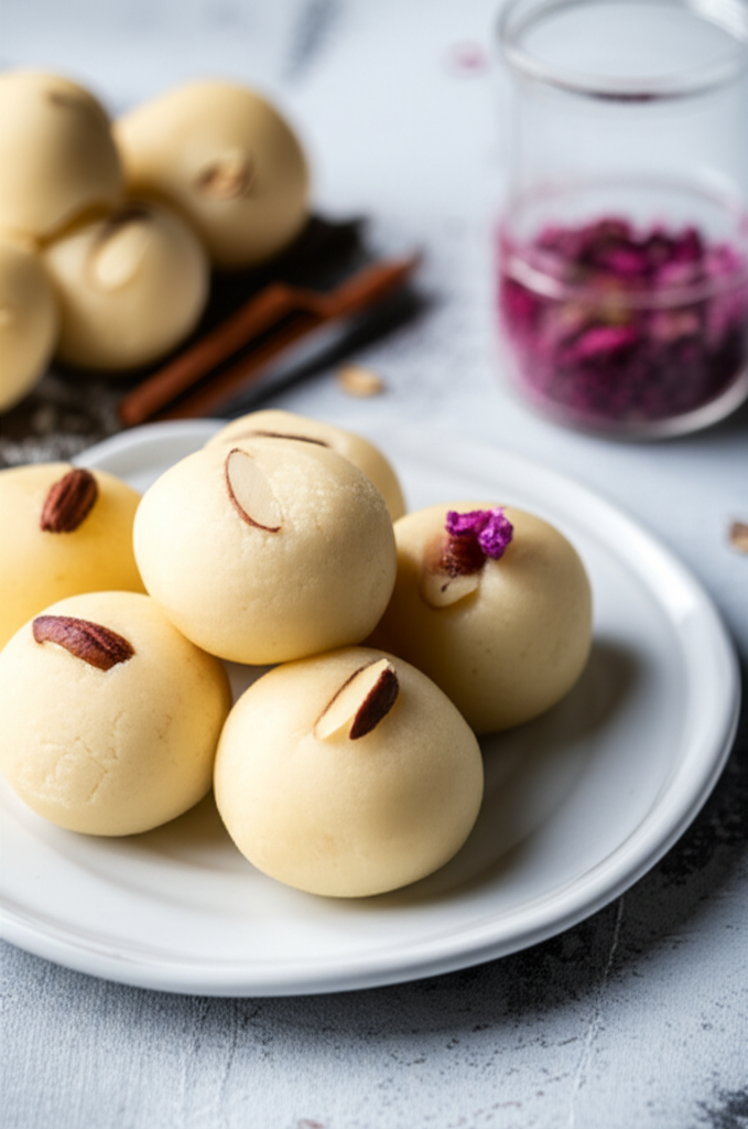 Smooth, pale marzipan balls, some topped with sliced almonds or a small flower, served on a white plate.