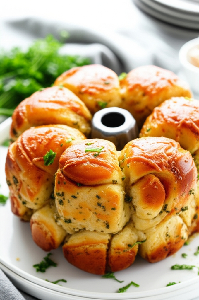 Baked garlic cheese monkey bread, golden brown and topped with herbs, served on a white plate.