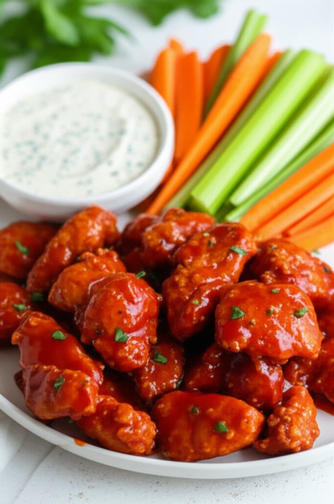 Buffalo chicken bites on a plate with ranch dip, carrot sticks, and celery sticks.