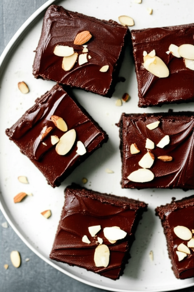 Square chocolate brownies with mocha icing, topped with sliced almonds, on a white plate.