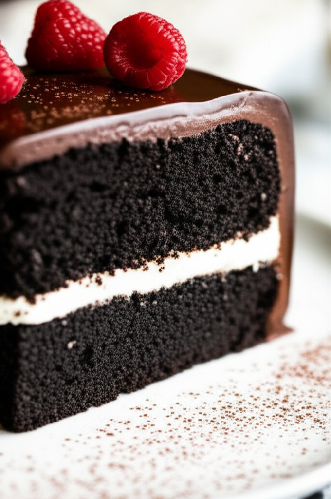 Slice of two-layer chocolate cake with white filling, chocolate ganache, and raspberries on top.
