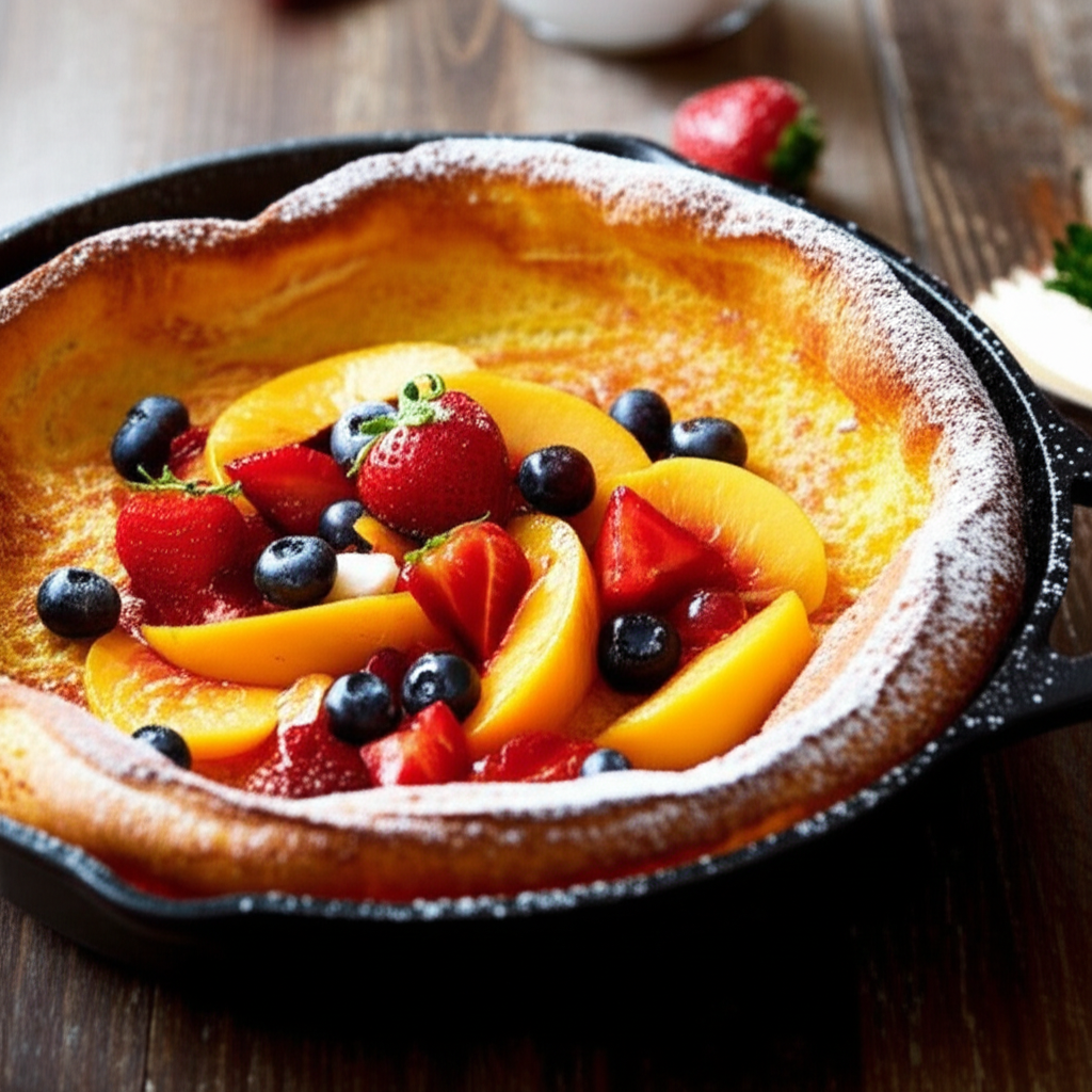 Dutch pancake in skillet, topped with sliced peaches, strawberries, blueberries, and powdered sugar.