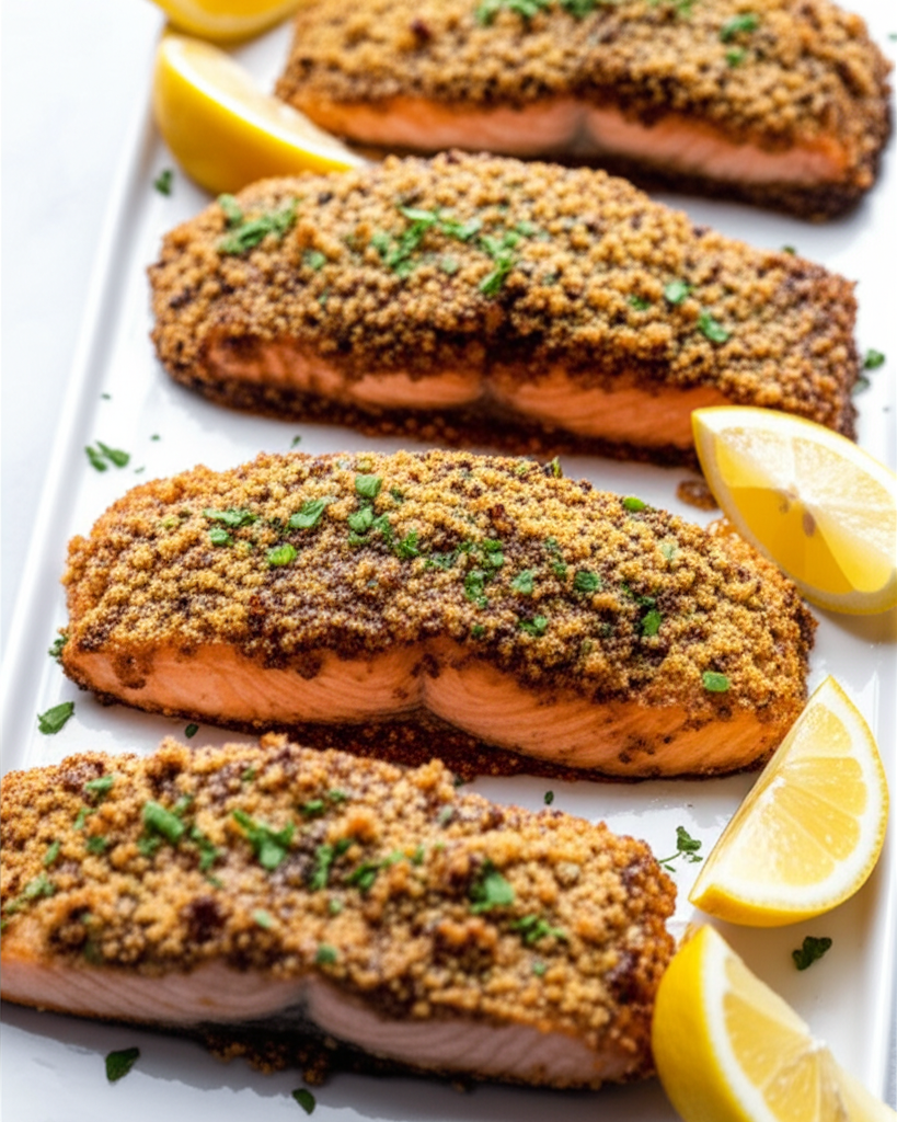 Baked salmon fillets with a crispy, golden-brown crust, garnished with parsley and lemon wedges on a white platter.