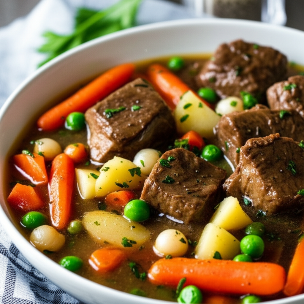 Savory lamb stew in a white bowl, featuring tender lamb, carrots, potatoes, peas, and pearl onions in a rich broth.