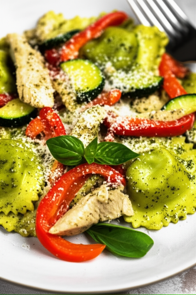 Pesto ravioli with chicken, red bell peppers, zucchini, and parmesan cheese on a white plate.