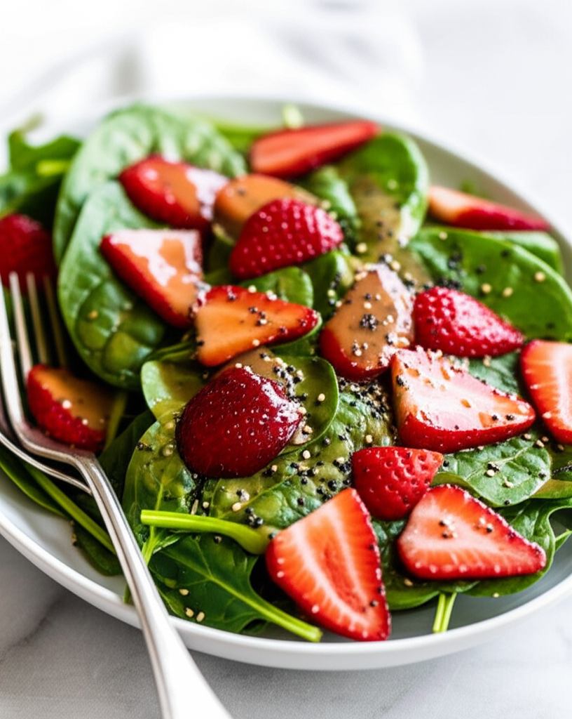 Spinach salad with sliced strawberries, poppy seed dressing, served in a white bowl with a fork.