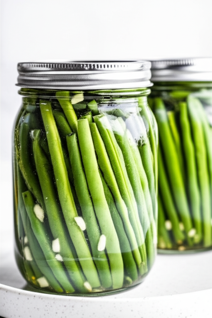 Two jars of bright green dilly beans, preserved with garlic, sealed with silver lids.