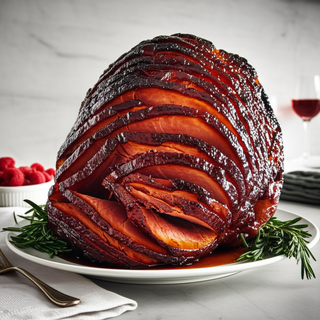 Spiral-cut ham with a dark, glossy glaze, garnished with rosemary on a white plate.