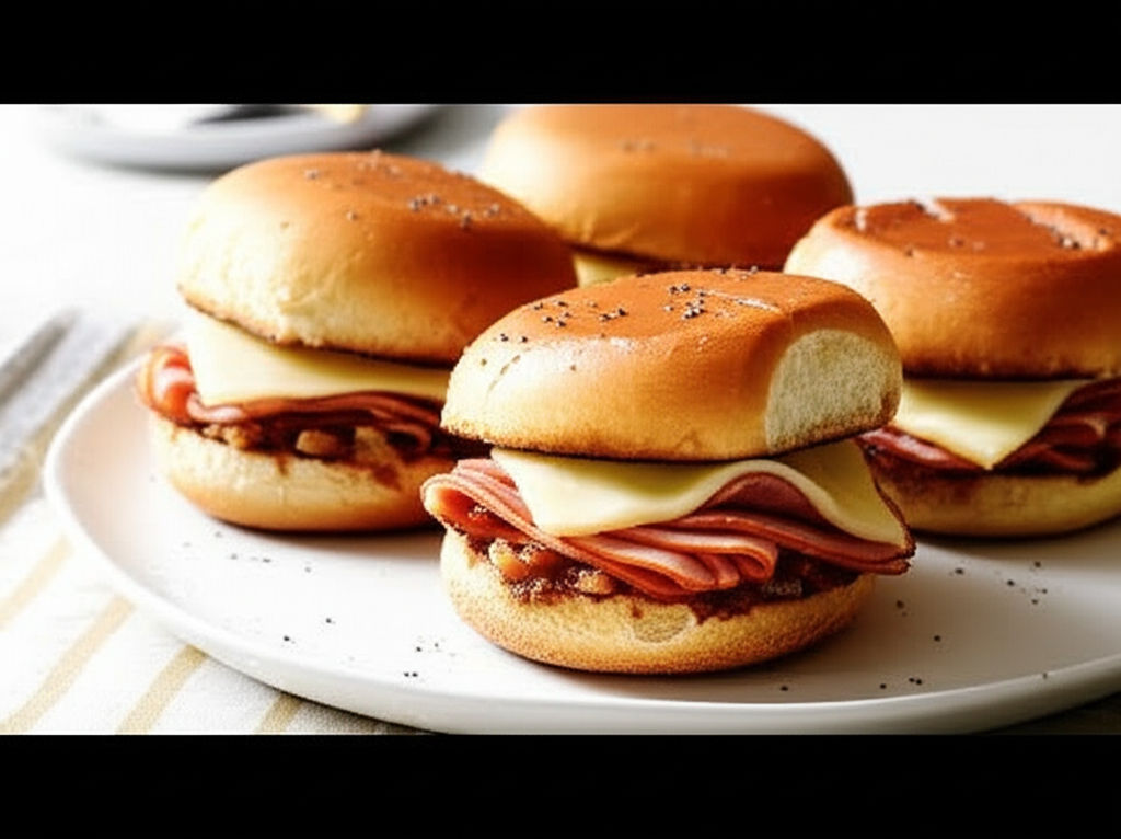 Four ham sandwiches with cheese on a white plate, featuring golden buns and visible ham layers.