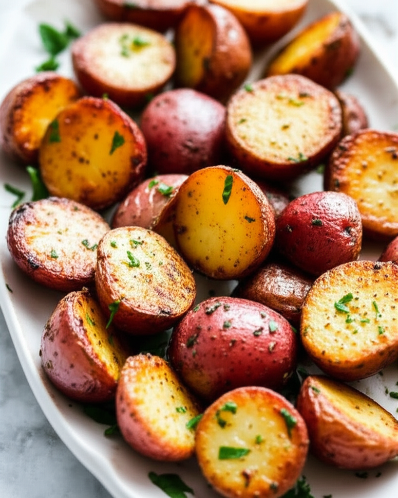 Oven-roasted red potatoes, halved, with golden-brown edges, garnished with fresh parsley on a white platter.