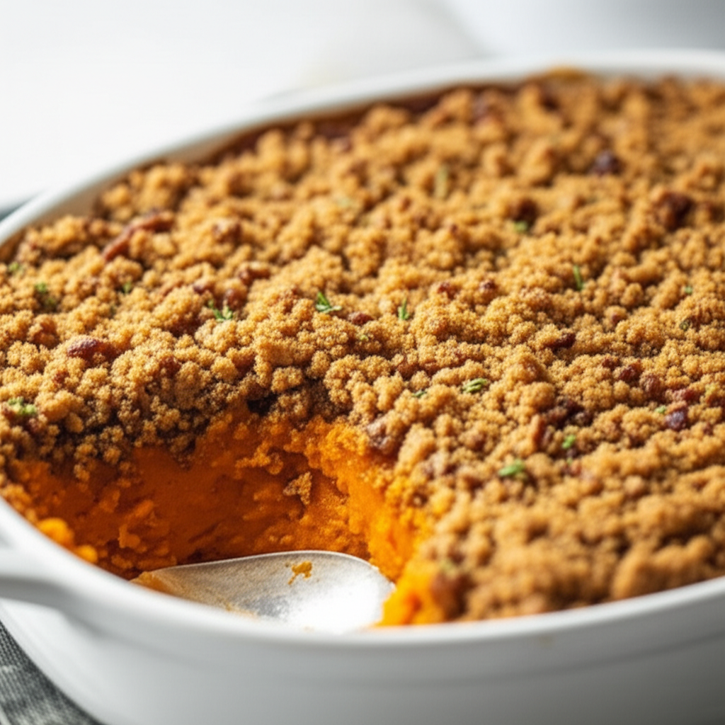 Baked sweet potato casserole in white dish, topped with a brown sugar crumble and a serving spoon.