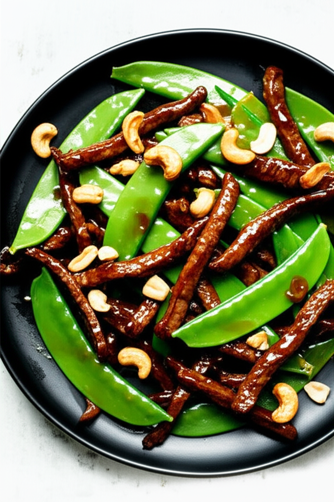 Stir-fried beef strips with bright green snow peas and scattered cashews on a black plate.