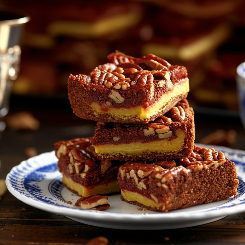 Stacked German chocolate squares on a blue and white plate. Squares have pecan topping, chocolate filling, and yellow crust.