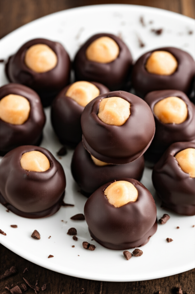 Chocolate-covered peanut butter buckeyes on a white plate, sprinkled with chocolate shavings.