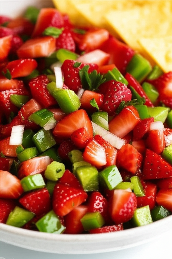 Diced strawberry salsa with green bell peppers, white onion, and tortilla chips.