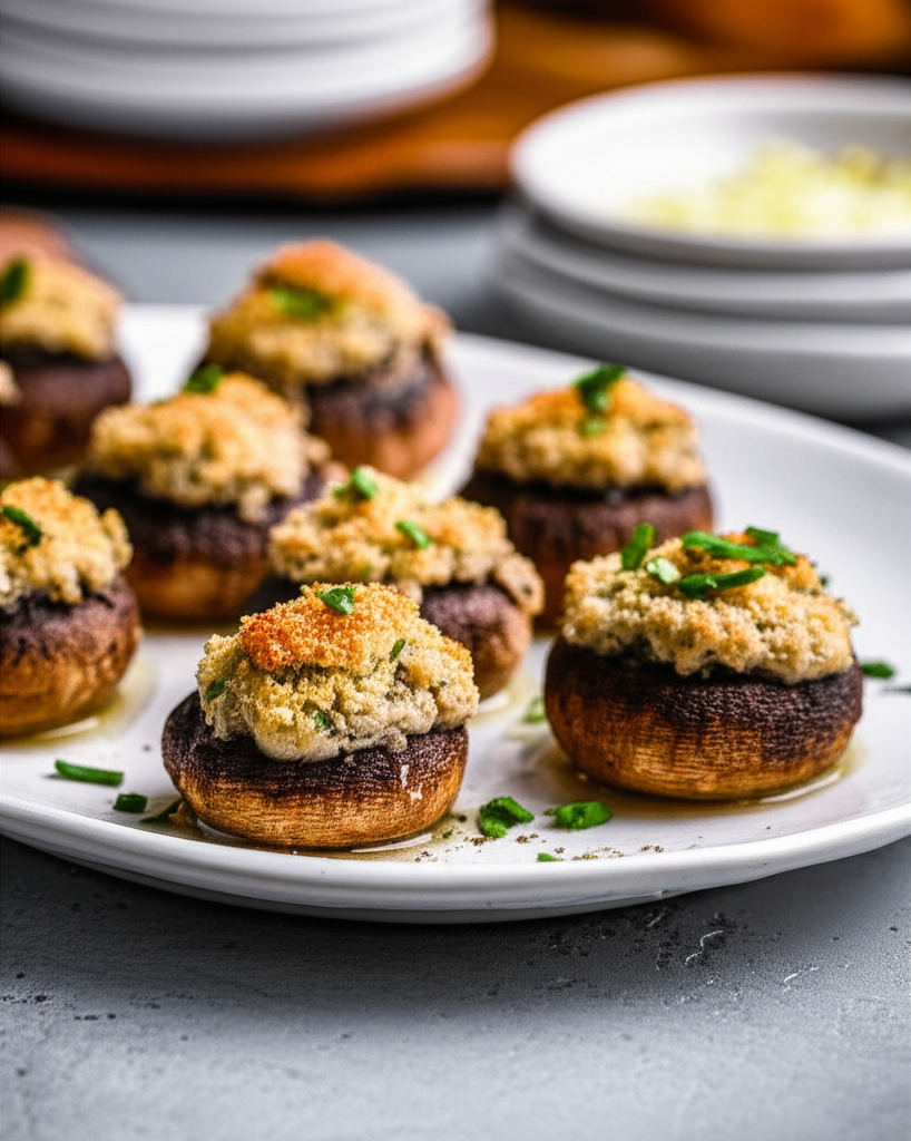 Baked mushrooms filled with onion stuffing, garnished with chives, on a white plate.