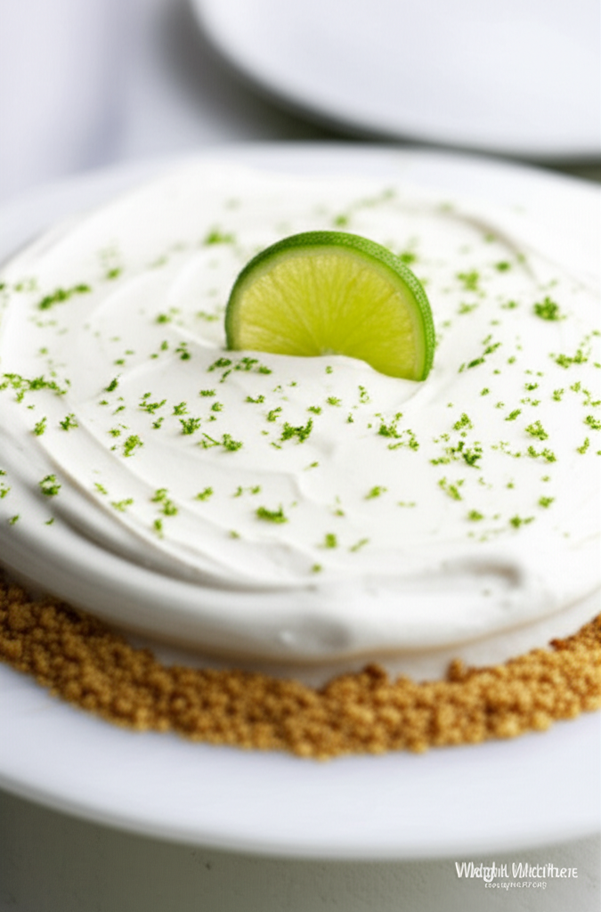 Margarita pie with graham cracker crust, creamy white filling, lime slice, and lime zest.