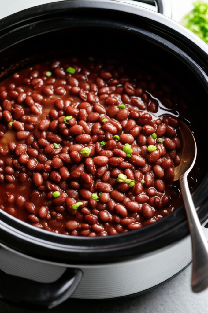 Slow cooker filled with vegetarian baked beans, garnished with chopped green onions and a serving spoon.