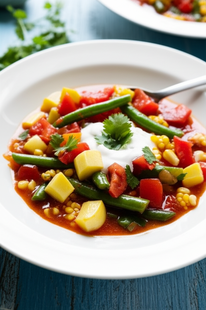 Corn stew in a white bowl, topped with sour cream and cilantro. Includes tomatoes, potatoes, and green beans.