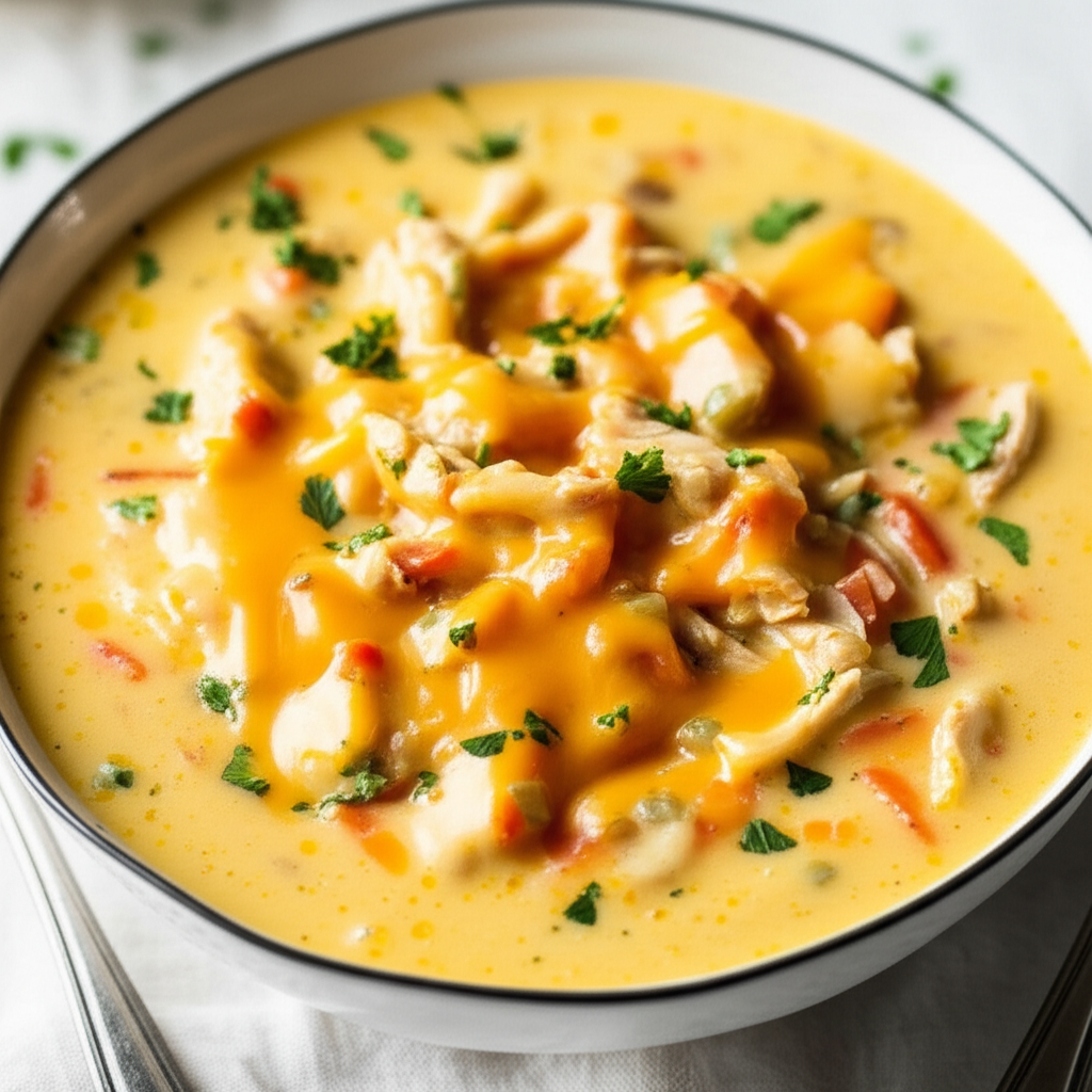 Creamy chicken cheese chowder in a white bowl, garnished with parsley.